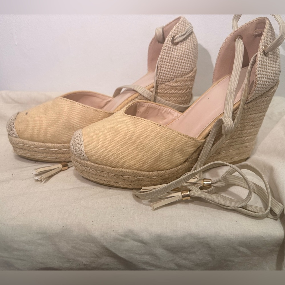 Cream Espadrille Wedge Sandals with Ankle Wrap